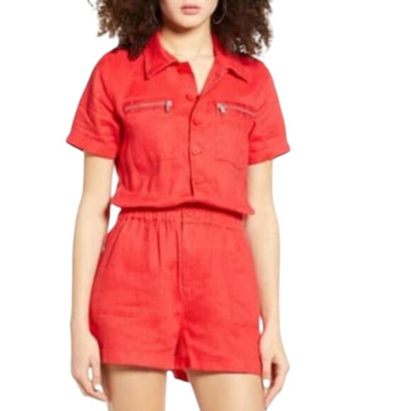 Blank NYC RED linen Utility romper In Red Flag jumpsuit‎ new!!! Size medium - Picture 1 of 7